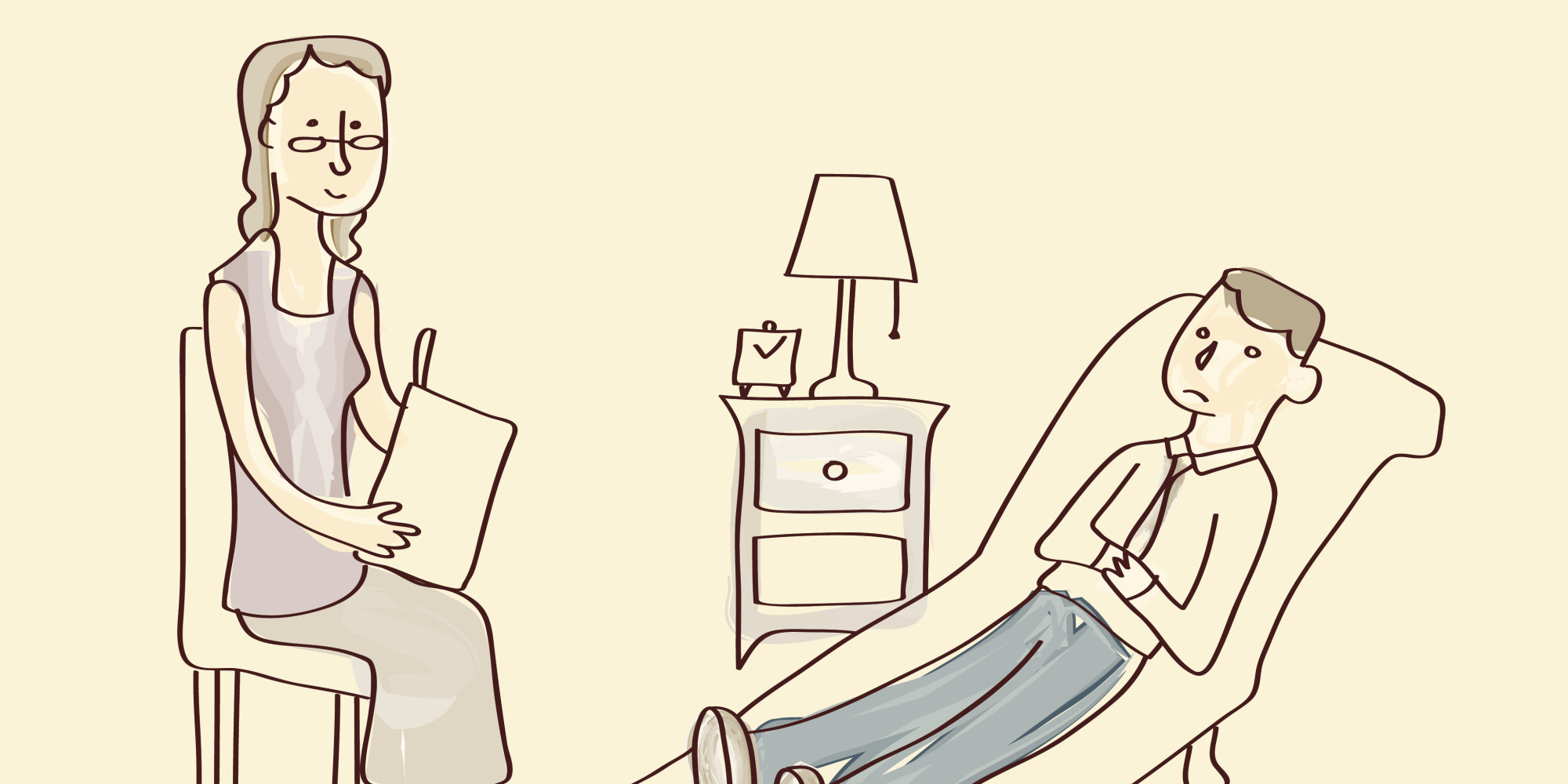 σκίτσο με γυναίκα ψυχολόγο που κάνει θεραπεία σε άνδρα ξαπλωμένο σε ανάκλιντρο